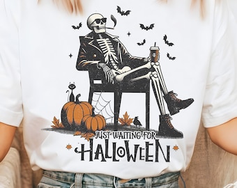 Gewoon wachten op Halloween png, grappig Halloween-skelet png-sublimatieshirt, humor voor volwassenen png, Spooky Bats Pumpkin Spice Digital, png 59