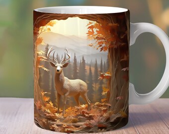 Envoltura de ciervos 3D, diseño de taza de naturaleza de 11 oz 12 oz 15 oz, taza recta de árbol forestal, sublimación de taza de otoño 3D, envoltura de taza de temporada de otoño 3D, taza de maderas 3D