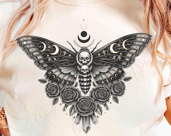 Gothic Moth Skull PNG with Roses and Runes, Dark Witchy Butterfly Sublimation, Crescent Moon Clipart for Halloween Shirt Design Download 5