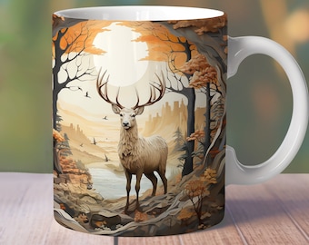 Envoltura de ciervos 3D, diseño de taza de naturaleza de 11 oz 12 oz 15 oz, taza recta de árbol forestal, sublimación de taza de otoño 3D, envoltura de taza de temporada de otoño 3D, taza de maderas 3D