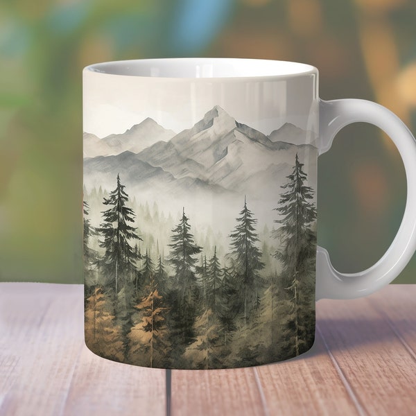 Vintage Pine Trees Mug Wrap, 11oz 12oz 15oz Mountain Mug Design, Nature Mug Wrap, Autumn Season Mug, Fall Vibes Mug Sublimation Design 24