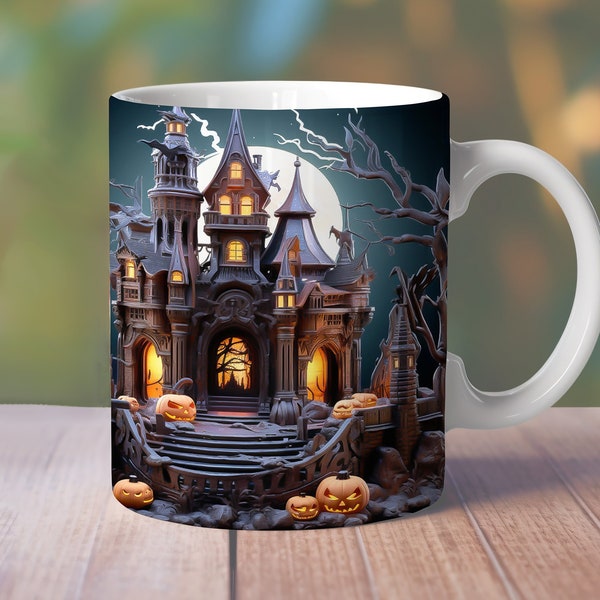 3D Halloween Castle Mug Wrap, 11oz 12oz 15oz Mug Design, Spooky Vibes Straight Mug, 3D Pumpkin Mug Sublimation, 3D Haunted House Mug Wrap 56