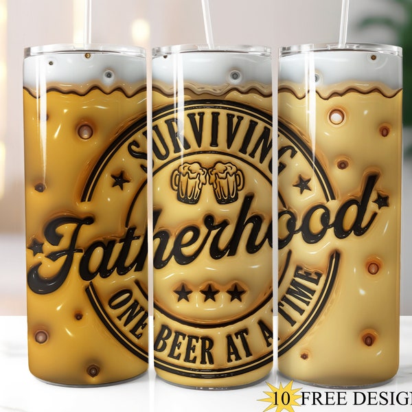 3D Surviving Fatherhood Beer gonfiato 20 oz Skinny Tumbler Wrap, 3D Dad Tumbler Design, 3D Father Skeleton 20 oz PNG, 3D Puffy Dada Tumbler