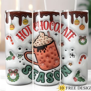 Envoltura de vaso flaco de Navidad de chocolate caliente 3D de 20 oz, diseño de vaso de Navidad inflado, PNG de vacaciones de 20 oz, PNG de Navidad hinchada, descarga digital
