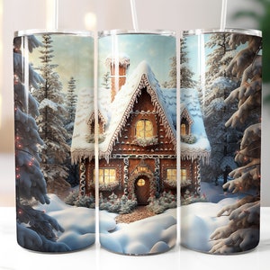 Ginger Bread House 20 oz Skinny Tumbler Sublimation Wrap Christmas Snow Digital Design Nature Trees High Res PNG, Instant Download, 300 DPI
