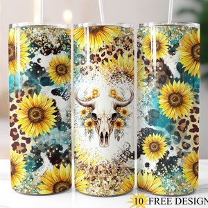 Cow Skull Western 20oz Skinny Tumbler Wrap, Cowhide Tumbler Design, Cowboy Sunflower 20oz PNG, Country Tumbler, Leopard Digital Download