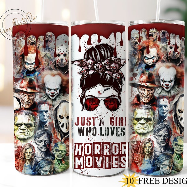 Girl Who loves Horror Movies 20oz Skinny Tumbler Wrap, Halloween Tumbler Wrap, Funny Skinny Tumbler PNG, Scary Movie Digital Download