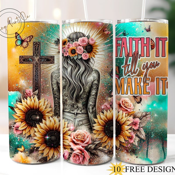 Faith Jesus Christ 20oz Skinny Floral Tumbler Wrap, Christian Tumbler Sunflowers Design, Bible Verse PNG,  Tattoo Girl Pink Flowers Download