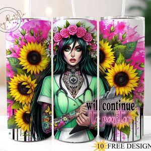 May include: A white tumbler with a pink and white watercolor background. A woman with green hair and tattoos is wearing a green medical scrubs top and holding a clipboard. The text "will continue to monitor" is on the tumbler. Sunflowers are on the left and right sides of the tumbler.
