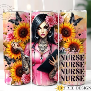 May include: A pink and black stainless steel tumbler with a graphic of a woman with tattoos and flowers. The text "Registered Nurse Nurse Nurse Nurse" is printed on the tumbler.