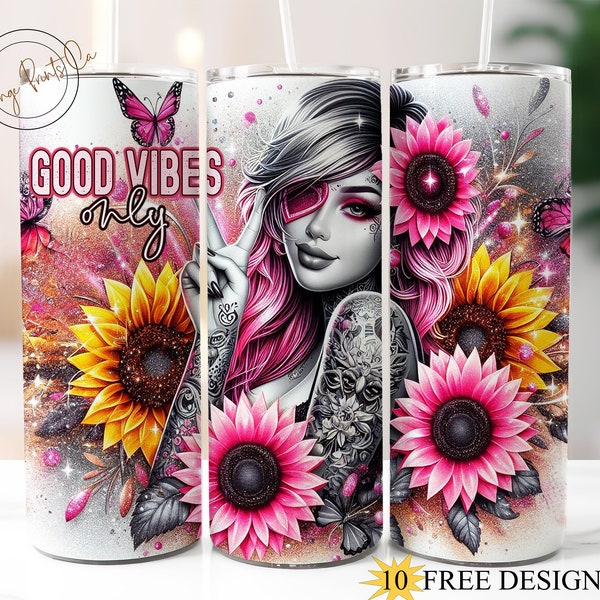 Good Vibes Only 20oz Skinny Floral Tumbler Wrap, Happiness Tumbler sublimation Template, Sunflowers Tattoo Girl PNG Peace Sign Tumbler 57