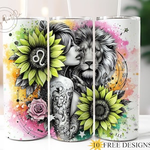 Znak zodiaku Lew 20oz Skinny Floral Tumbler Wrap, Astrologia Lipiec Tumbler Sublimacja, Tatuaż Dziewczyna Kwiatowy png, Lew Zodiaku Szablon Png