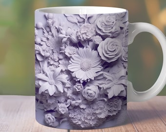 3D Purple Flowers Mug Wrap, 11oz 12oz 15oz Flowers Mug Wrap, 3D Floral Straight Mug, Straight Mug Sublimation Design, Mug png