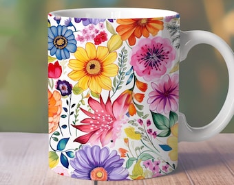 Kolorowe kwiaty na kubku, 11oz 12oz 15oz bezszwowe opakowanie na kubek, prosty kubek kwiatowy, prosty kubek z dzikimi kwiatami, projekt sublimacji, kubek png