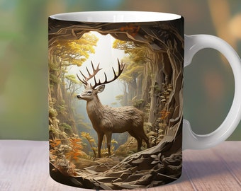 Envoltura de ciervos 3D, diseño de taza de naturaleza de 11 oz 12 oz 15 oz, taza recta de árbol forestal, sublimación de taza de otoño 3D, envoltura de taza de temporada de otoño 3D, taza de maderas 3D