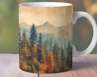 Rustic Pine Trees Mug Wrap, 11oz Mountain Mug Design, 15oz Nature Mug Wrap, Autumn Season Mug, 15oz Fall Vibes Mug Sublimation Design 24