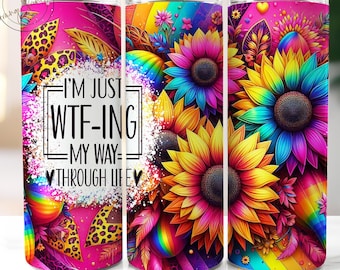 Wtf ing Through Life 20oz Skinny Tumbler Wrap, Funny Quote Tumbler Design, Adult Humor PNG, Sarcasm Tumbler, Leopard Pink Flowers download