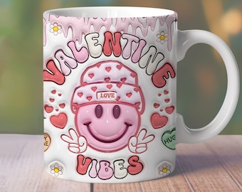 3D Valentine Vibes Mug Wrap, Valentine Inflated Mug Wrap, 3D 11oz 12oz 15oz Smiley Face Mug Wrap, Puffy Hearts Mug Press Sublimation PNG