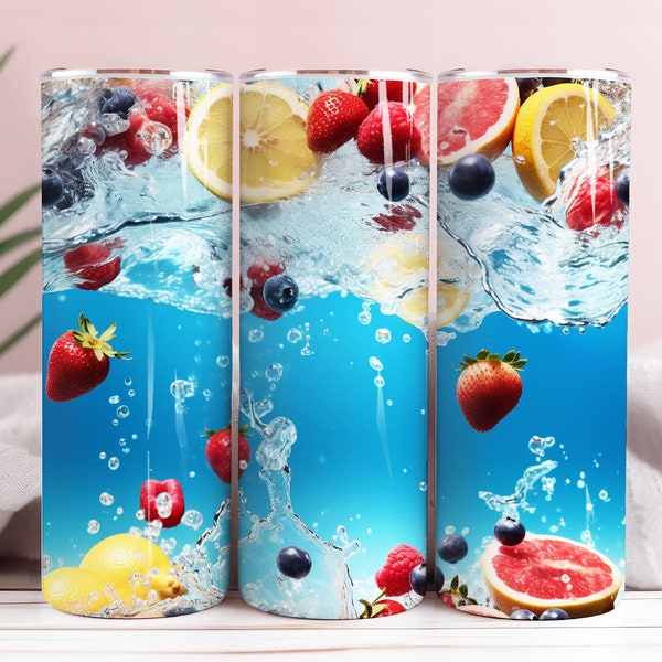 3D Fruits Water Seamless 20oz Tumbler Sublimation Wrap, Straight and Tapered Tumbler Wrap, High Resolution PNG, Instant Download, 300 DPI