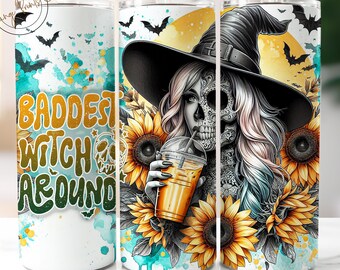 Baddest Hexe rund 20 Unzen Skinny Spooky Tumbler Wrap, Eiskaffee Liebhaber Sublimation, lustiger Halloween Schädel png, Skeleton Tumbler Download