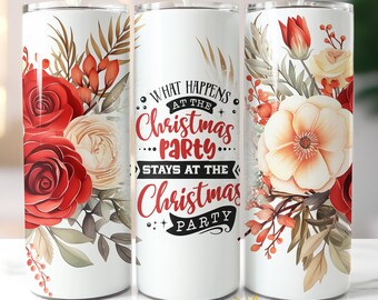 Fiesta de Navidad Divertida envoltura de vaso flaco de 20 oz, Diseño de vaso de bebida de flores boho, Vacaciones 20 oz, png floral de Navidad, Descarga sin costuras