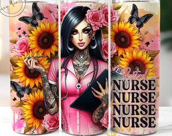 Registered Nurse 20oz Skinny Pink Flowers Tumbler Wrap, Tattoo Girl Tumbler Nurse png, Sunflowers Tumbler Wrap, Instant Digital Download Png