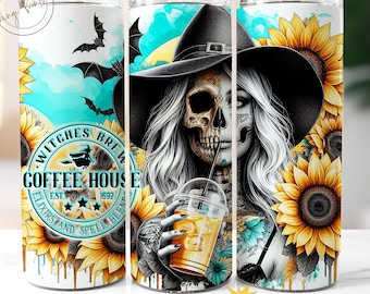 Witch Coffee Brew House 20oz Skinny Halloween Tumbler Wrap, Iced Coffee Lover Sublimation, Skull png, Spooky Girl Tumbler, Instant Download