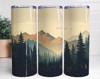 Vintage Retro Pine Trees 20oz Tumbler Sublimation Wrap, Mountain Straight and Tapered Tumbler, High Resolution PNG,Instant Download, 300 DPI