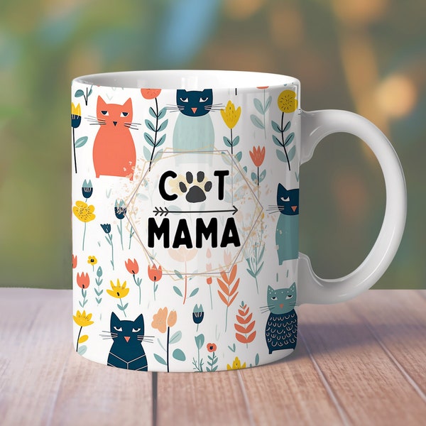 Cat Mama Mug Wrap, 11oz Boho Style Cat Mug Design, 15oz Boho Mug, Fur Mama Mug Png, 15oz Cat Mom Mug Sublimation Design, Cat Lover Mug