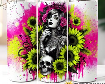 Sunflower Girl 20oz Skinny Tumbler Wrap, Bright Floral Tumbler Design, Tattoo Women Tumbler PNG, Sunflowers 40 oz Tumbler Wrap, Digital Png