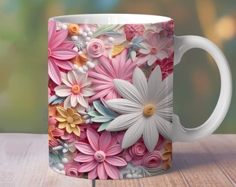 3D Pink Flowers Mug Wrap, 11oz 12oz 15oz Floral Mug Design, 11oz Floral Mug, 3D Flowers Sublimation, 3D Floral Png, 15 oz Mug Wrap