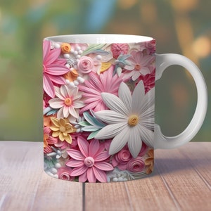 3D Pink Flowers Mug Wrap, 11oz 12oz 15oz Floral Mug Design, 11oz Floral Mug, 3D Flowers Sublimation, 3D Floral Png, 15 oz Mug Wrap