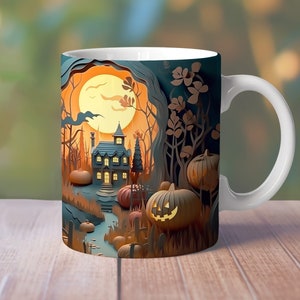 3D Halloween Castle Mug Wrap, 11oz 12oz 15oz Mug Design, Spooky Vibes Straight Mug, Pumpkin Mug Sublimation, Scary Haunted House Mug Wrap 64