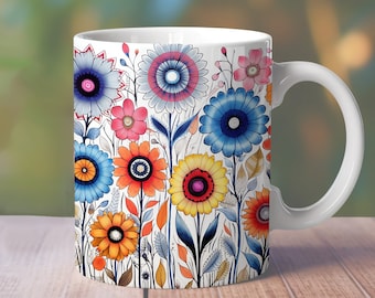 Owijka na kubek z uroczymi kwiatami, 11oz kwiatowy wzór na kubku, 15oz kolorowy kubek z kwiatami, kubek z kwiatami w formacie PNG, 15oz sublimacja na kubku, opakowanie na kwiaty