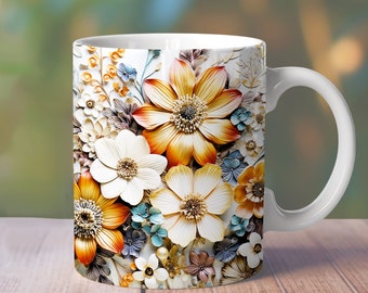 3D Fall Flowers Mug Wrap, 11oz 12oz 15oz Floral Mug Design, 11oz Floral Mug, 3D Flowers Sublimation, 3D Floral Png, 15 oz Mug Wrap