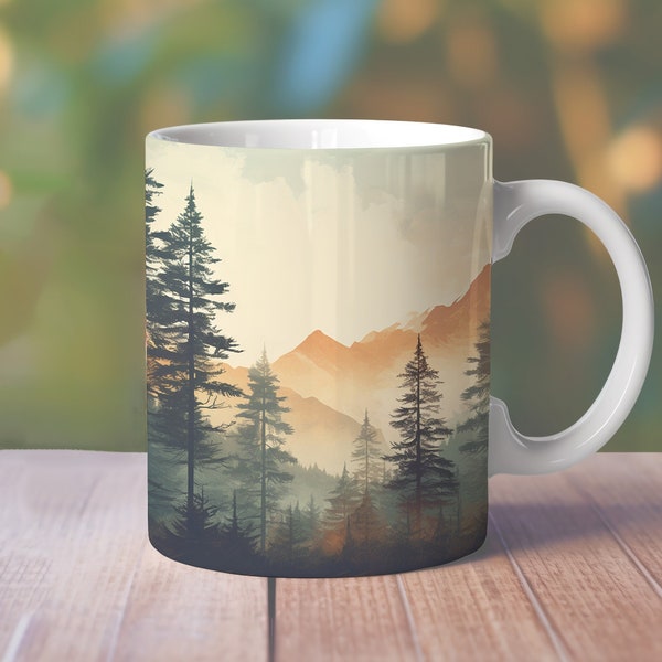 Vintage Pine Trees Mug Wrap, 11oz Mountain Mug Design, 15oz Nature Mug Wrap, Autumn Season Mug, 12oz 15oz Fall Vibes Mug Sublimation Design