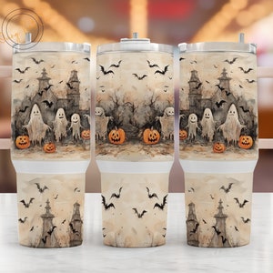 Vintage Halloween Ghosts 40oz Quencher Sublimation Wrap, Halloween Pumpkins Tumbler Png, Cute Ghosts Tumbler,  Halloween Stanley Tumbler Png