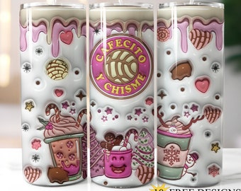 3D Cafecito Y Chisme 20oz Skinny Tumbler Wrap, Inflated Cafecito Tumbler png, Coffee 20 oz Tumbler, Inflated Tumbler, 3D Digital Download