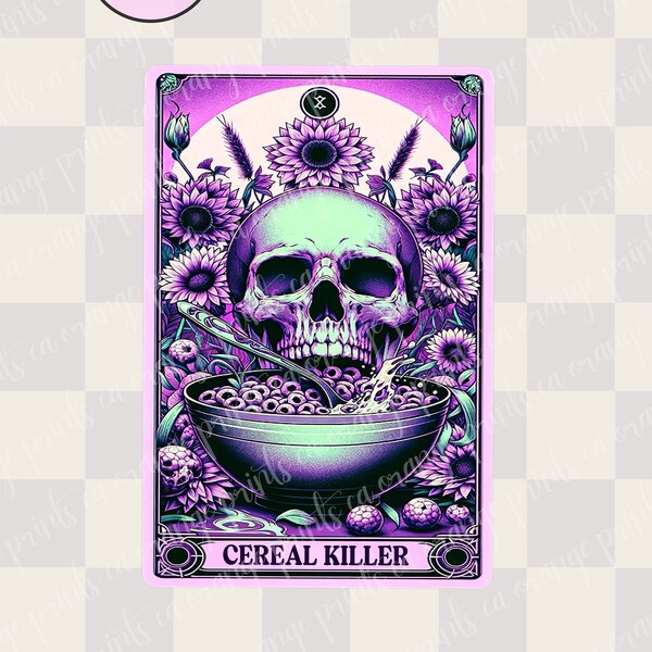 Tarot Card Cereal Killer PNG, Adult Humor Skeleton Png, Sarcastic Skull Floral Png, Funny Tarot Card Sublimation Flowers Instant Download