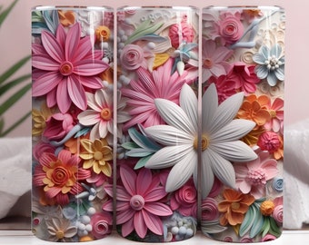 3D White Flowers 20oz Tumbler Sublimation Wrap, Straight and Tapered Tumbler Wrap, High Resolution PNG, Instant Download, 300 DPI