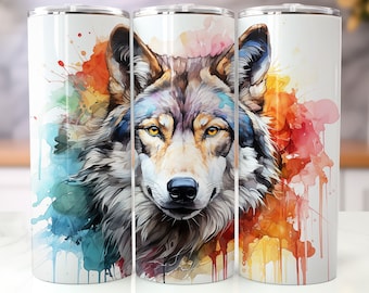 Kolorowy Wilk 20oz Tumbler Sublimacja Wrap, Akwarela Zwierząt Prosty i Stożkowy Tumbler, Wysoka Rozdzielczość PNG, Natychmiastowe Pobieranie, 300 DPI