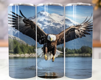 Bald Eagle on Lake 20oz Tumbler Sublimation Wrap, Eagle Straight and Tapered Tumbler, Wysoka rozdzielczość PNG, Natychmiastowe pobranie, 300 DPI