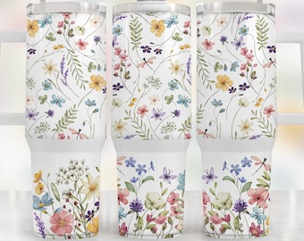 Cute Watercolor Flowers 40oz Quencher Sublimation Wrap, Minimalist Flowers Tumbler Png, Field Flowers Tumbler, Garden Tumbler, Digital PNG
