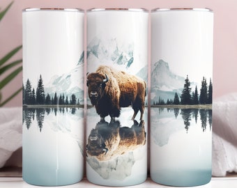 Bison Lake Mountain 20oz Tumbler Sublimation Wrap, Prosta i zwężana owijka Tumbler, Wysoka rozdzielczość PNG, Natychmiastowe pobieranie, 300 DPI