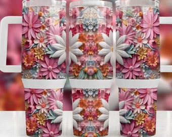 Emballage pour sublimation 3D fleurs roses 40 oz, emballage de verre Stanley floral coloré 3D, fleurs roses Stanley PNG, emballage de verre floral 40 oz