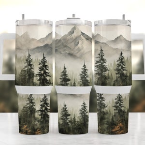 Involucro per sublimazione quencher da 40 once di alberi di pino retrò vintage, involucro per tumbler Nature Stanley, PNG Smokey Mountain Stanley, tumbler per escursionisti PNG, legnoso