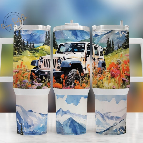 American Off Road Car 40oz Quencher Sublimation Wrap, Wild Flowers Car Tumbler Design, Car Lover Tumbler PNG, Car Nature Stanley Tumbler Png