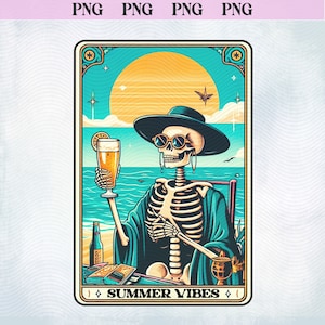 Tarot Card Summer Vibes PNG, Summer Beach Vacation Png, Tropical Holiday Png, Funny Skeleton Tarot Card Png, Tarot Card Sublimation Tote png