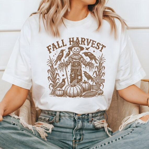 Fall Harvest Png, Vintage Scarecrow Png Sublimation Shirt, Fall Season png, Spooky Halloween T Shirt Png, Pumpkins Farm Field Png Download