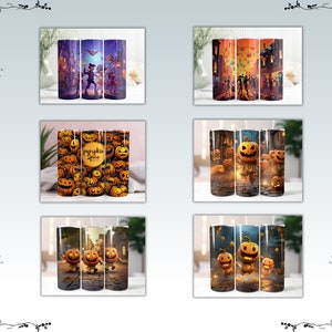 May include: Set of three Halloween-themed stainless steel tumblers. The first tumbler features a cartoon illustration of a witch, a vampire, and a ghost in a spooky town. The second tumbler features a pumpkin spice design with a variety of pumpkins. The third tumbler features a cartoon illustration of three pumpkins with spooky faces.